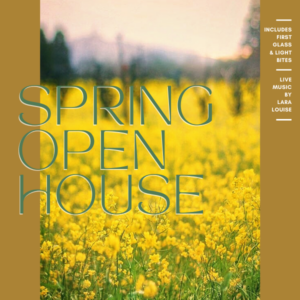 Whetstone Spring Open House Invitation with a picture of mustard flowers in a vineyard