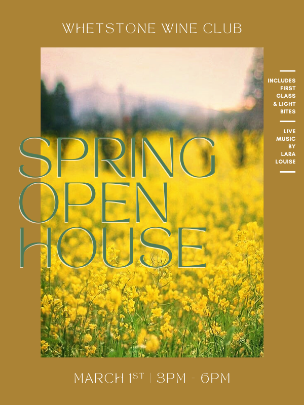 Whetstone Spring Open House Invitation with a picture of mustard flowers in a vineyard